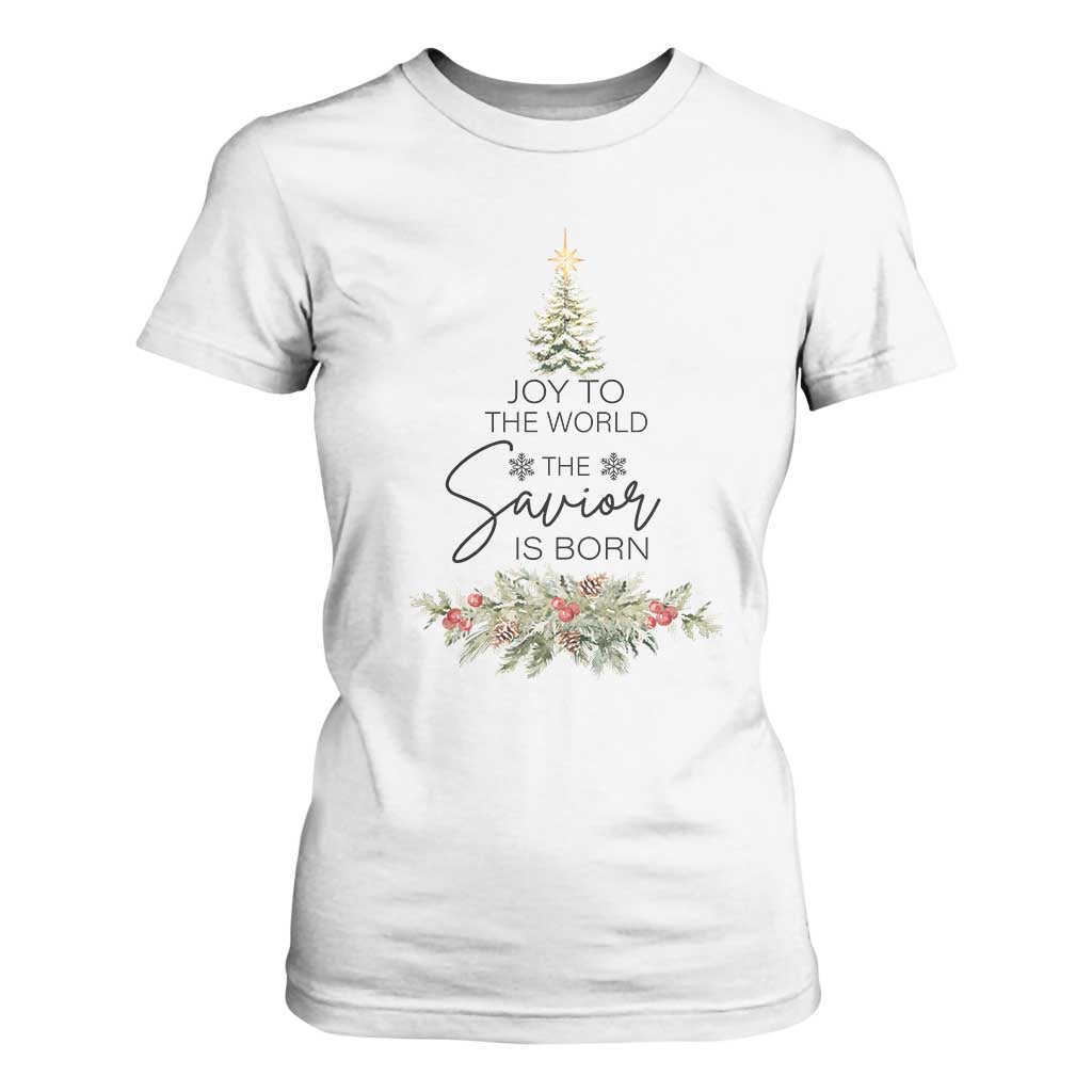 Funny Christmas Christian Faith T Shirt For Women Joy To The World The Savior Is Born Xmas Tree TS11 White Print Your Wear