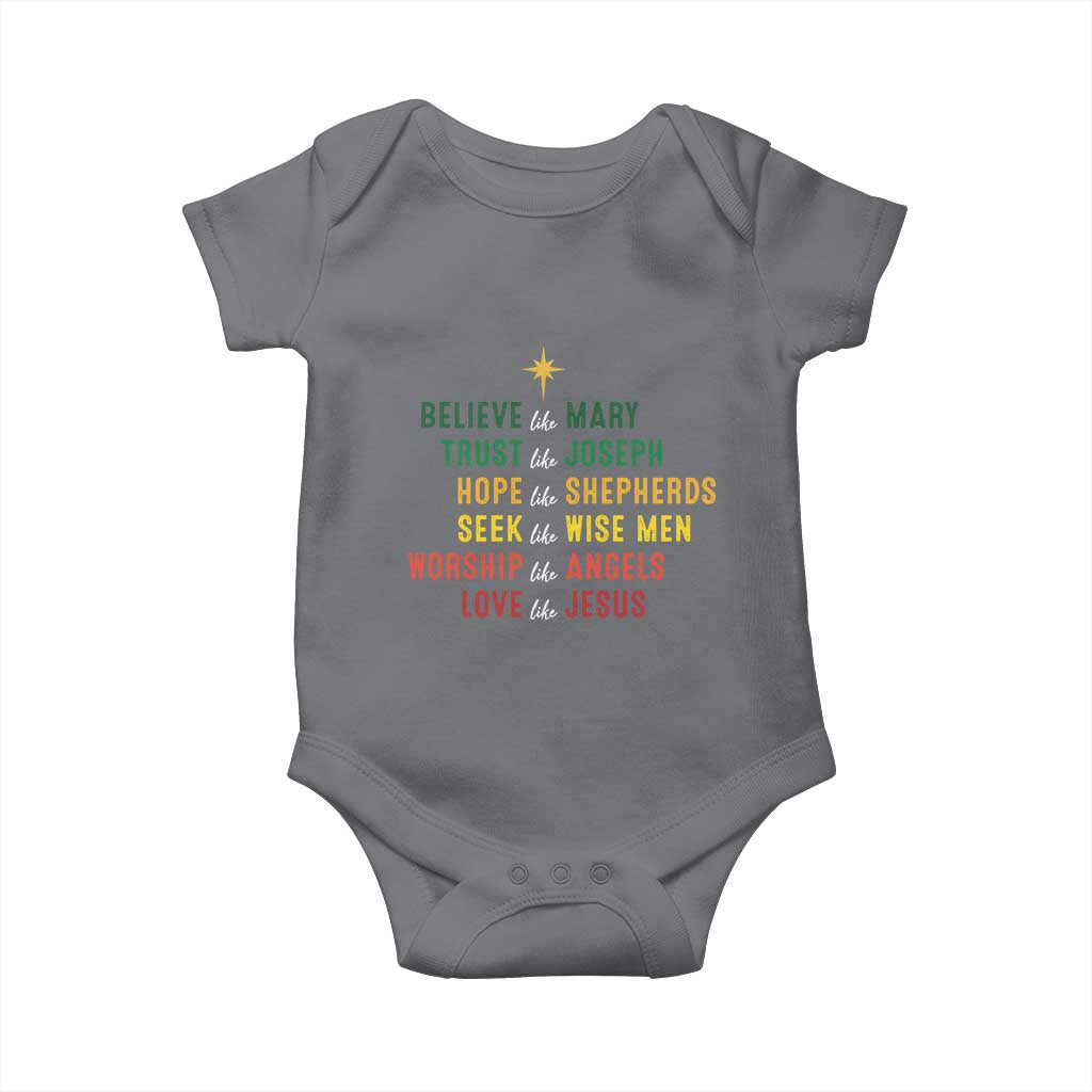 Christian Faith Baby Onesie Believe Like Mary Trust Like Joseph Hope Like Shepherds TS11 Charcoal Print Your Wear