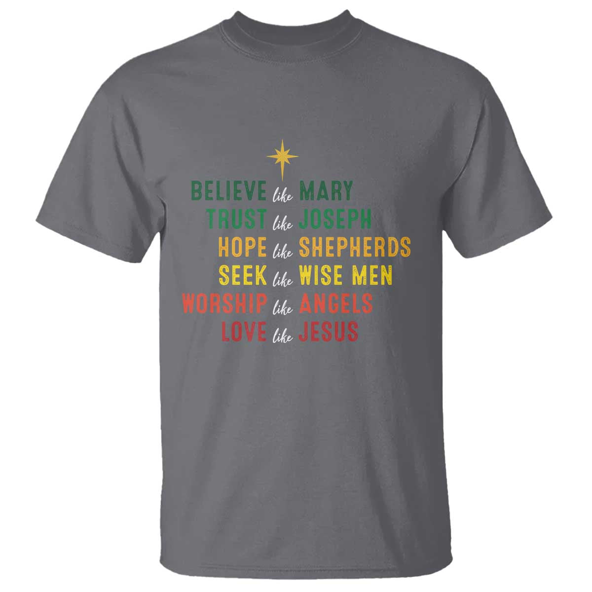 Christian Faith T Shirt Believe Like Mary Trust Like Joseph Hope Like Shepherds TS11 Charcoal Print Your Wear