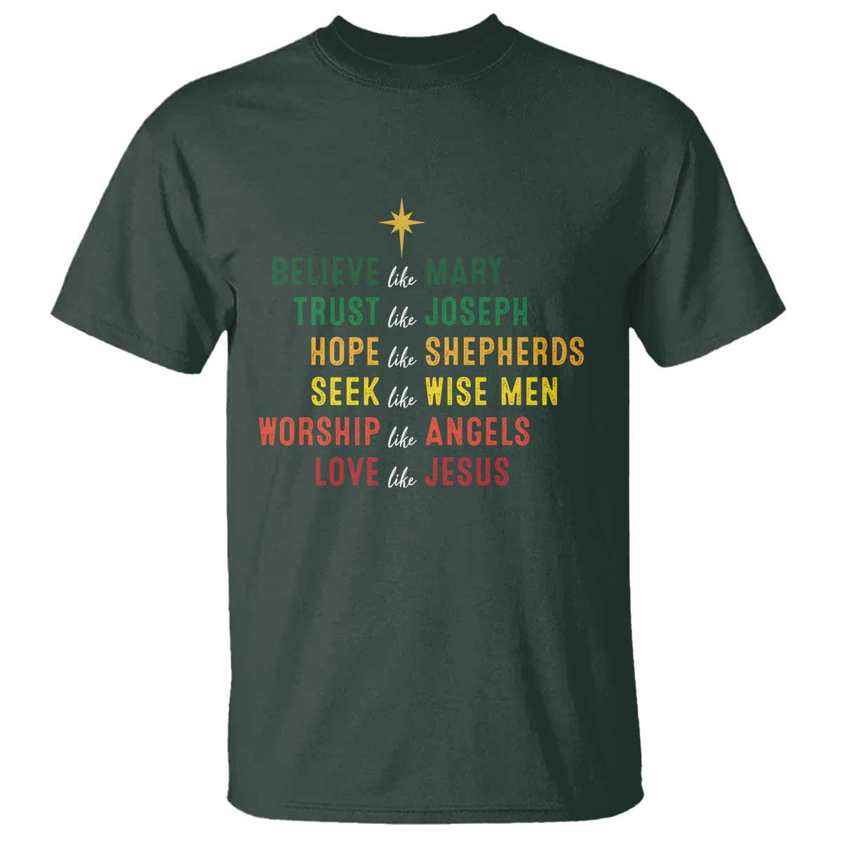 Christian Faith T Shirt Believe Like Mary Trust Like Joseph Hope Like Shepherds TS11 Dark Forest Green Print Your Wear