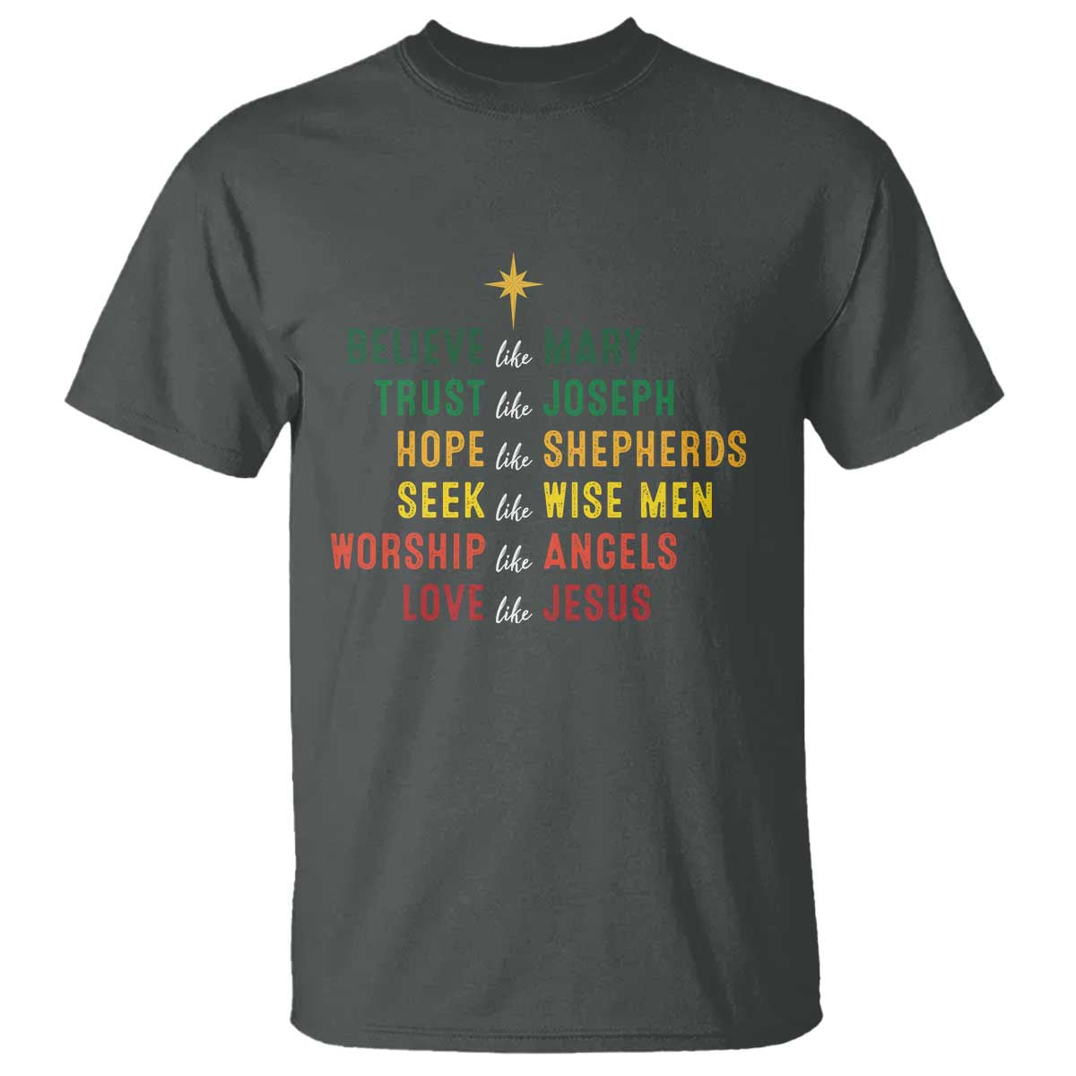 Christian Faith T Shirt Believe Like Mary Trust Like Joseph Hope Like Shepherds TS11 Dark Heather Print Your Wear