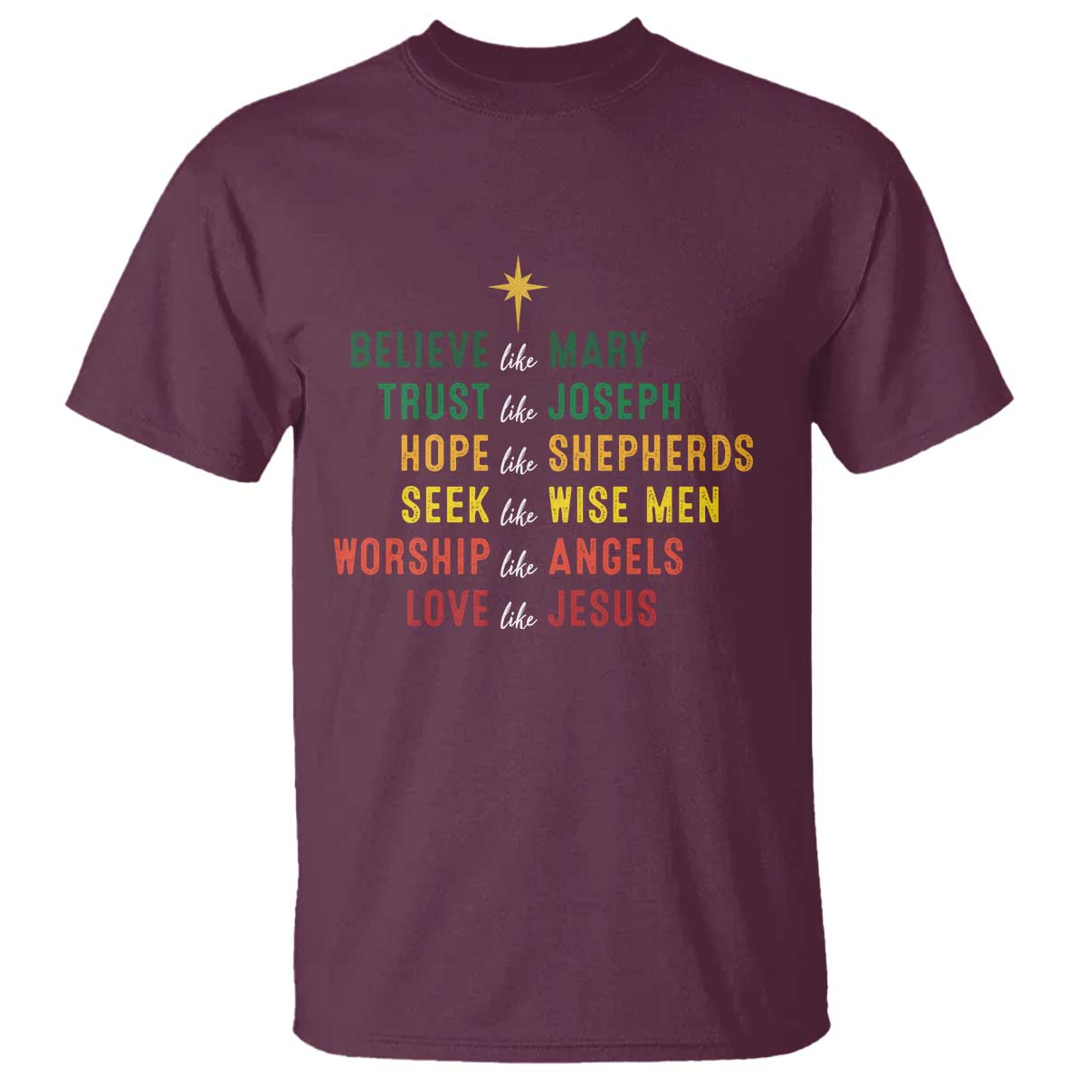 Christian Faith T Shirt Believe Like Mary Trust Like Joseph Hope Like Shepherds TS11 Maroon Print Your Wear