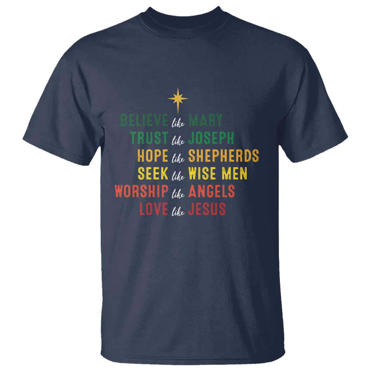 Christian Faith T Shirt Believe Like Mary Trust Like Joseph Hope Like Shepherds TS11 Navy Print Your Wear