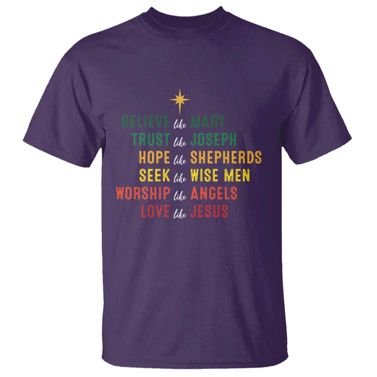 Christian Faith T Shirt Believe Like Mary Trust Like Joseph Hope Like Shepherds TS11 Purple Print Your Wear