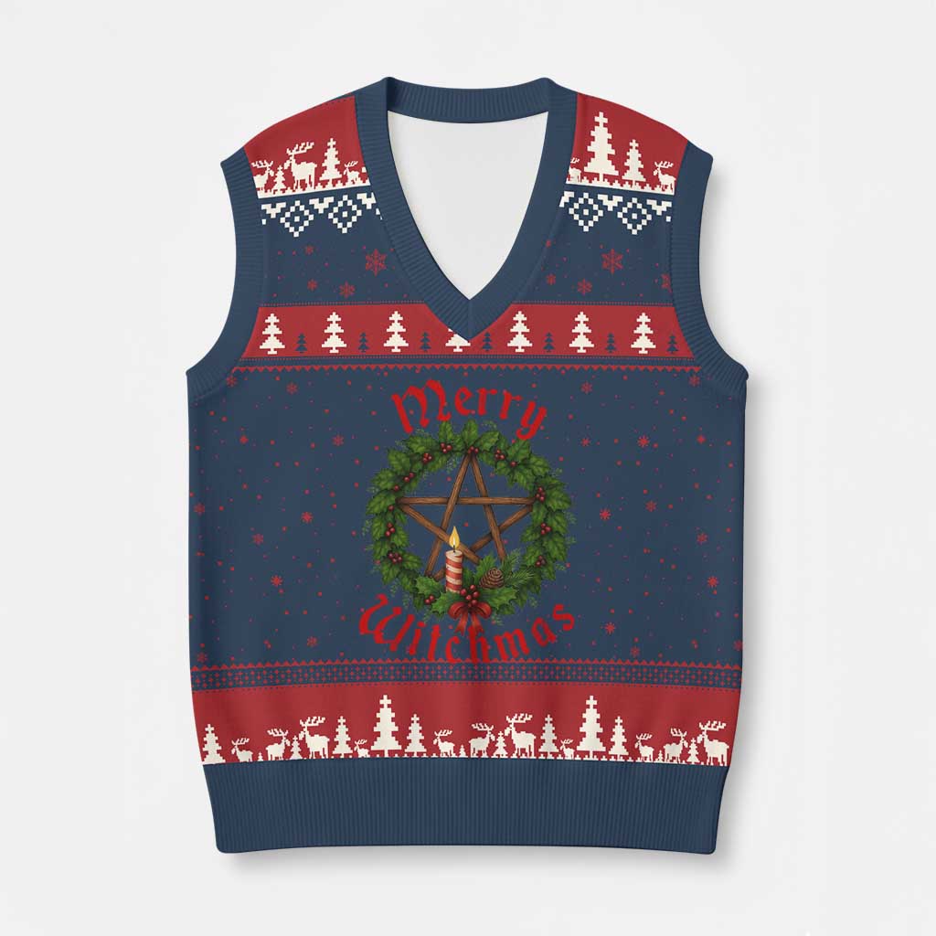 Nordic Xmas V-Neck Knit Sweater Vest Merry Witchmas Pagan Yule Xmas Wreath TS11 Navy Red Print Your Wear