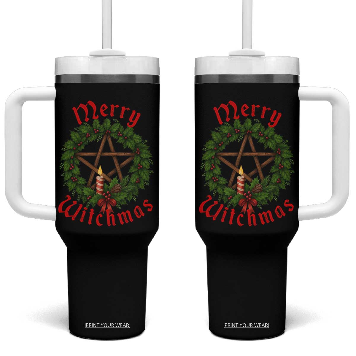 Nordic Christmas Tumbler With Handle Merry Witchmas Pagan Yule Xmas Wreath TS11 One Size: 40 oz Black Print Your Wear