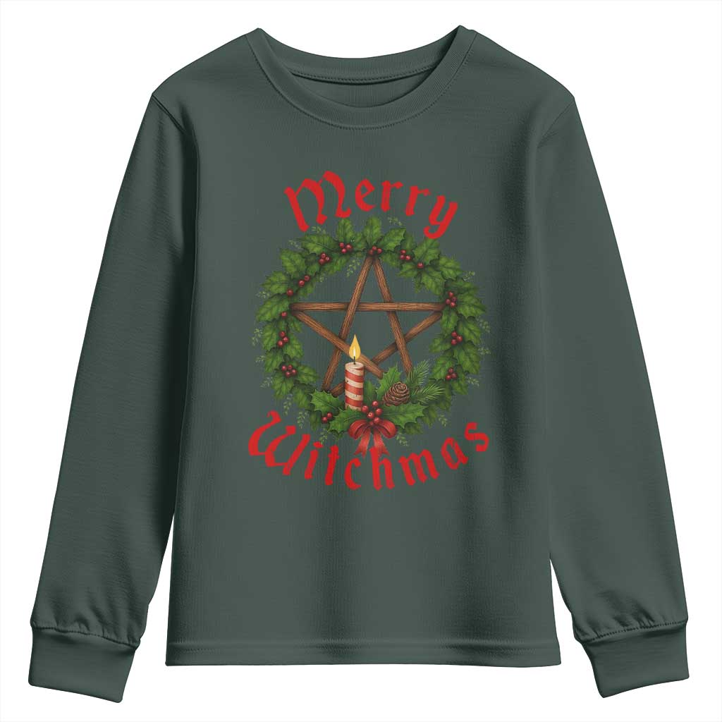 Nordic Christmas Youth Sweatshirt Merry Witchmas Pagan Yule Xmas Wreath TS11 Dark Forest Green Print Your Wear
