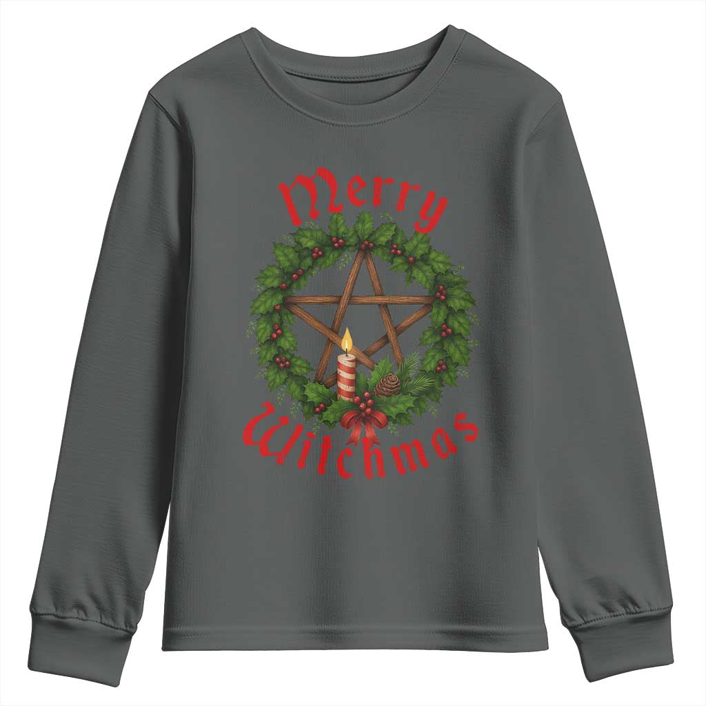Nordic Christmas Youth Sweatshirt Merry Witchmas Pagan Yule Xmas Wreath TS11 Dark Heather Print Your Wear