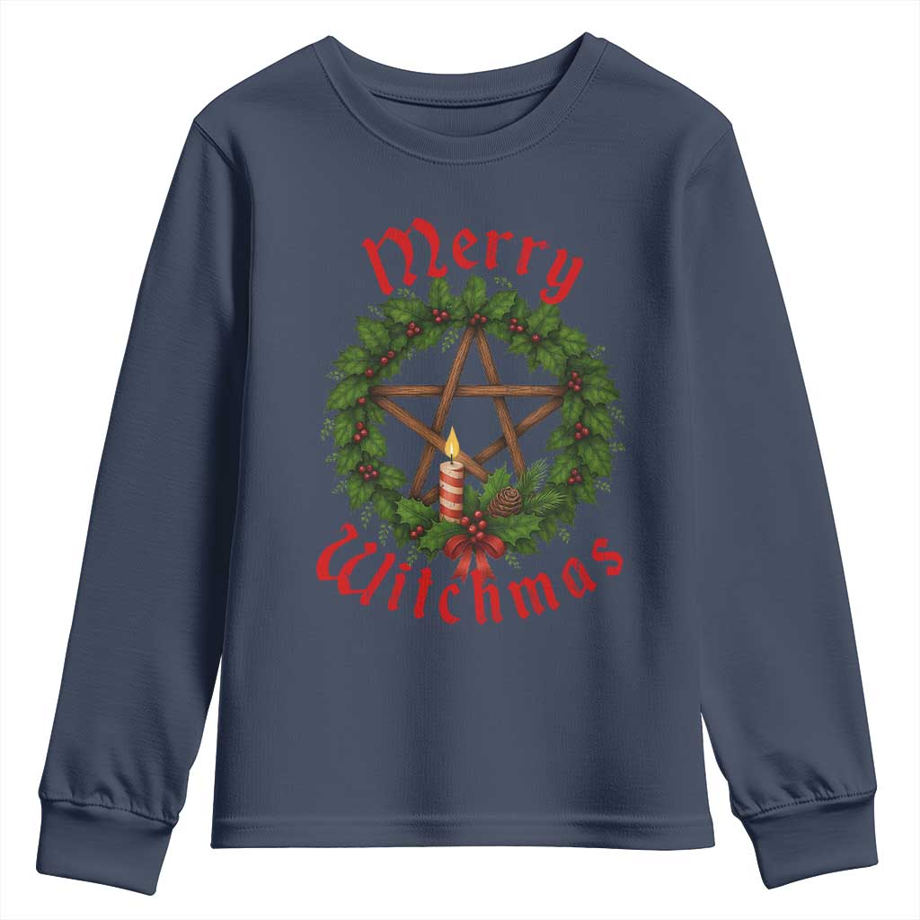 Nordic Christmas Youth Sweatshirt Merry Witchmas Pagan Yule Xmas Wreath TS11 Navy Print Your Wear