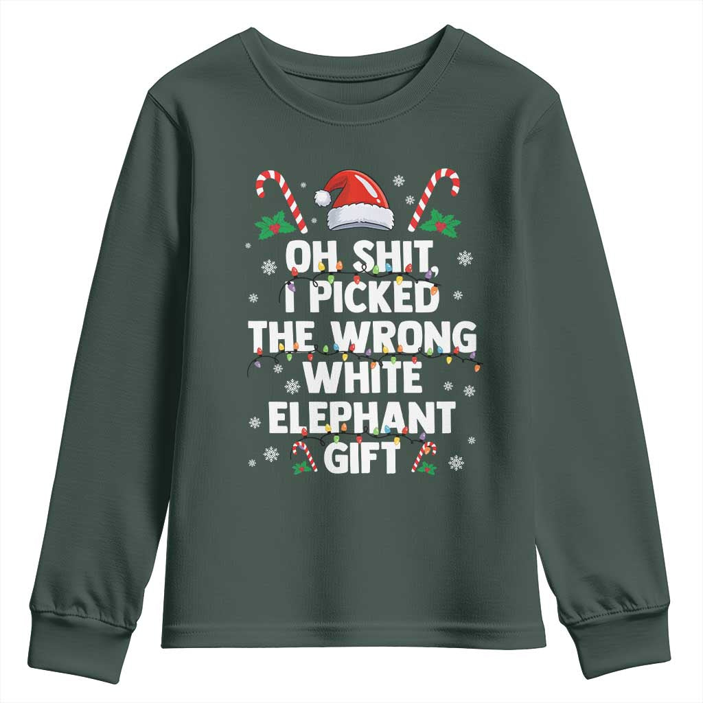 Funny Oh Shit I Picked The Wrong White Elephant Gift Youth Sweatshirt Christmas Gift Exchange Santa Hat TS11 Dark Forest Green Print Your Wear