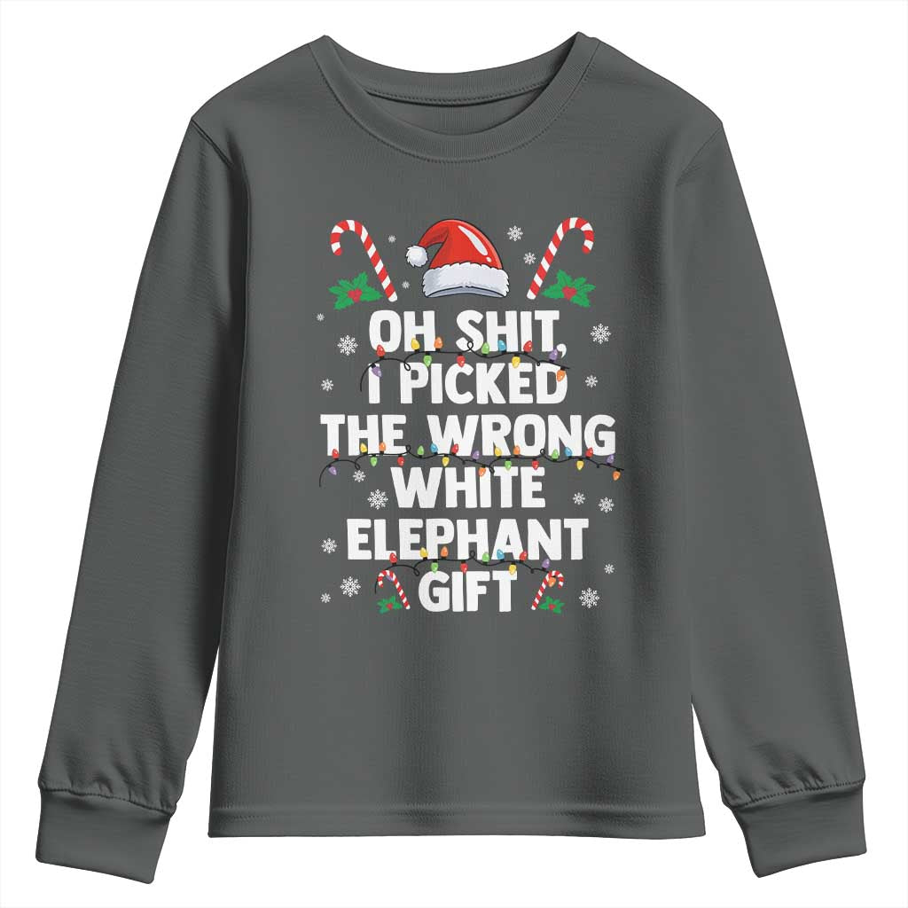 Funny Oh Shit I Picked The Wrong White Elephant Gift Youth Sweatshirt Christmas Gift Exchange Santa Hat TS11 Dark Heather Print Your Wear
