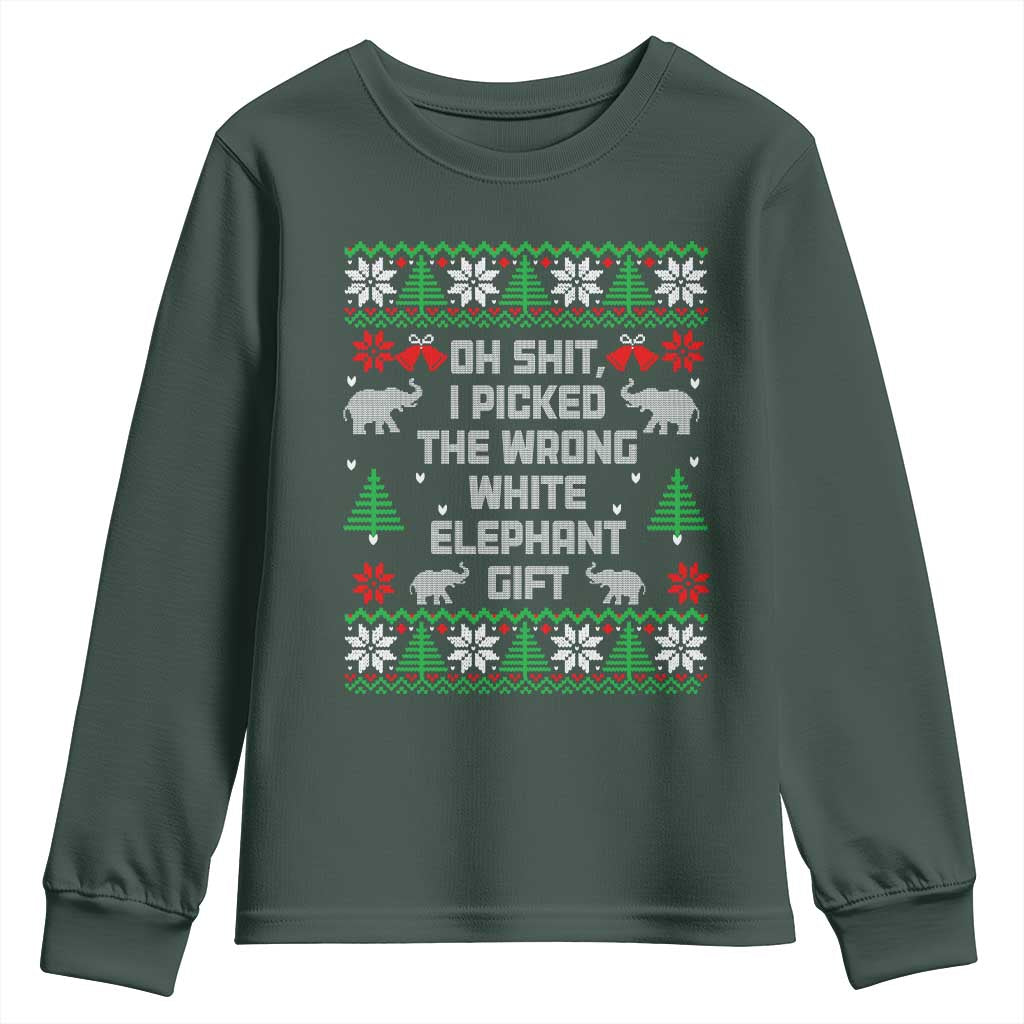 Funny Oh Shit I Picked The Wrong White Elephant Gift Youth Sweatshirt Christmas Gift Exchange TS11 Dark Forest Green Print Your Wear