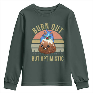 Funny Christmas Pudding Youth Sweatshirt Burn Out But Optimistic Blue Flame TS11 Dark Forest Green Print Your Wear