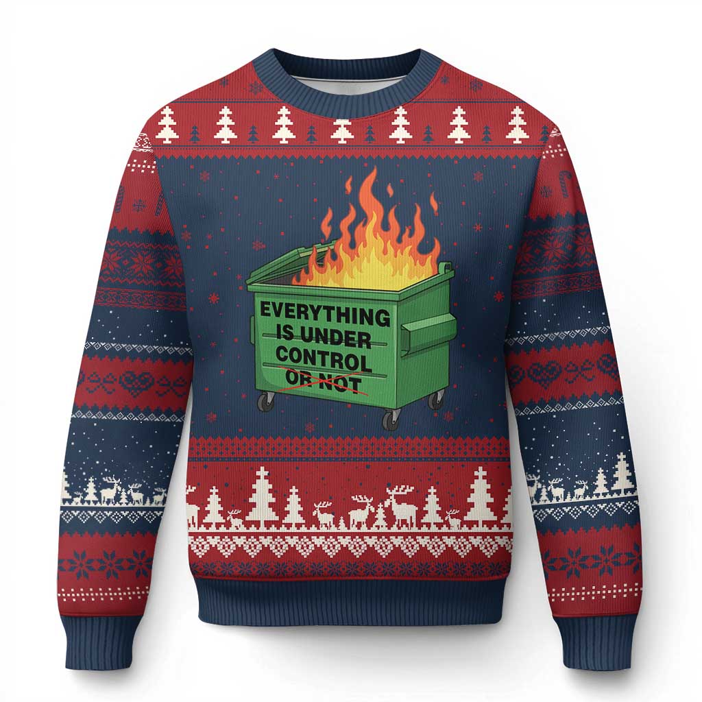 Funny Dumpster Fire Ugly Christmas Sweater Everything Is Under Control Or Not TS11 Navy Red Print Your Wear