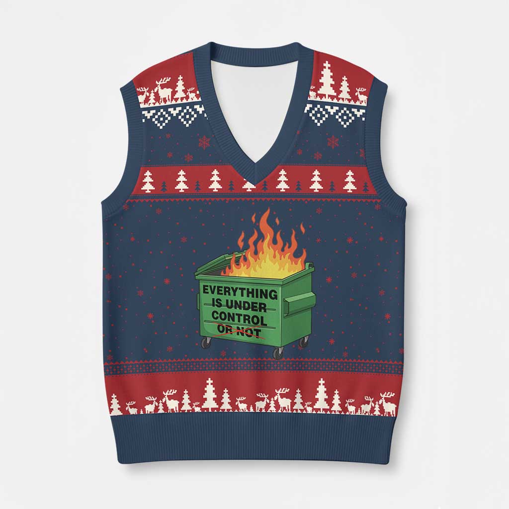 Funny Dumpster Fire V-Neck Knit Sweater Vest Everything Is Under Control Or Not TS11 Navy Red Print Your Wear