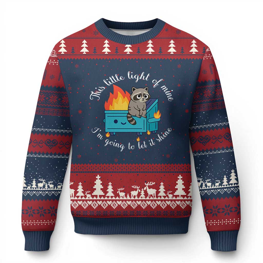 Funny Lil Dumpster Fire Racoon Ugly Christmas Sweater This Little Light Of Mine I Am Going To Let It Shine TS11 Navy Red Print Your Wear