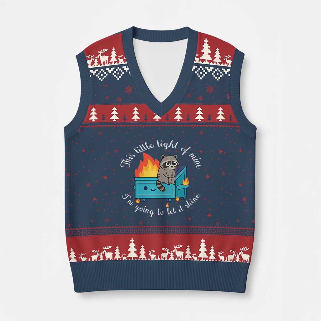 Funny Lil Dumpster Fire Racoon V-Neck Knit Sweater Vest This Little Light Of Mine I Am Going To Let It Shine TS11 Navy Red Print Your Wear