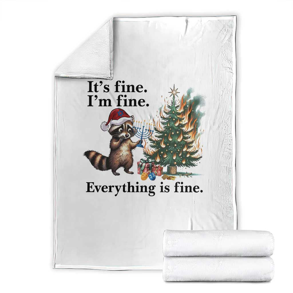 Christmas Hanukkah Racoon Throw Blanket Funny Its Fine I Am Fine Everything Is Fine TS11 White Print Your Wear