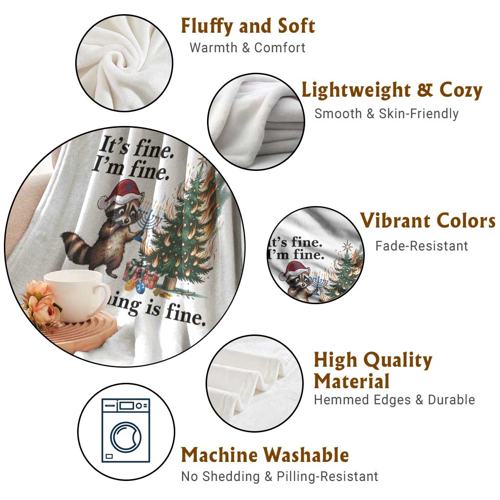 Christmas Hanukkah Racoon Throw Blanket Funny Its Fine I Am Fine Everything Is Fine TS11 Print Your Wear