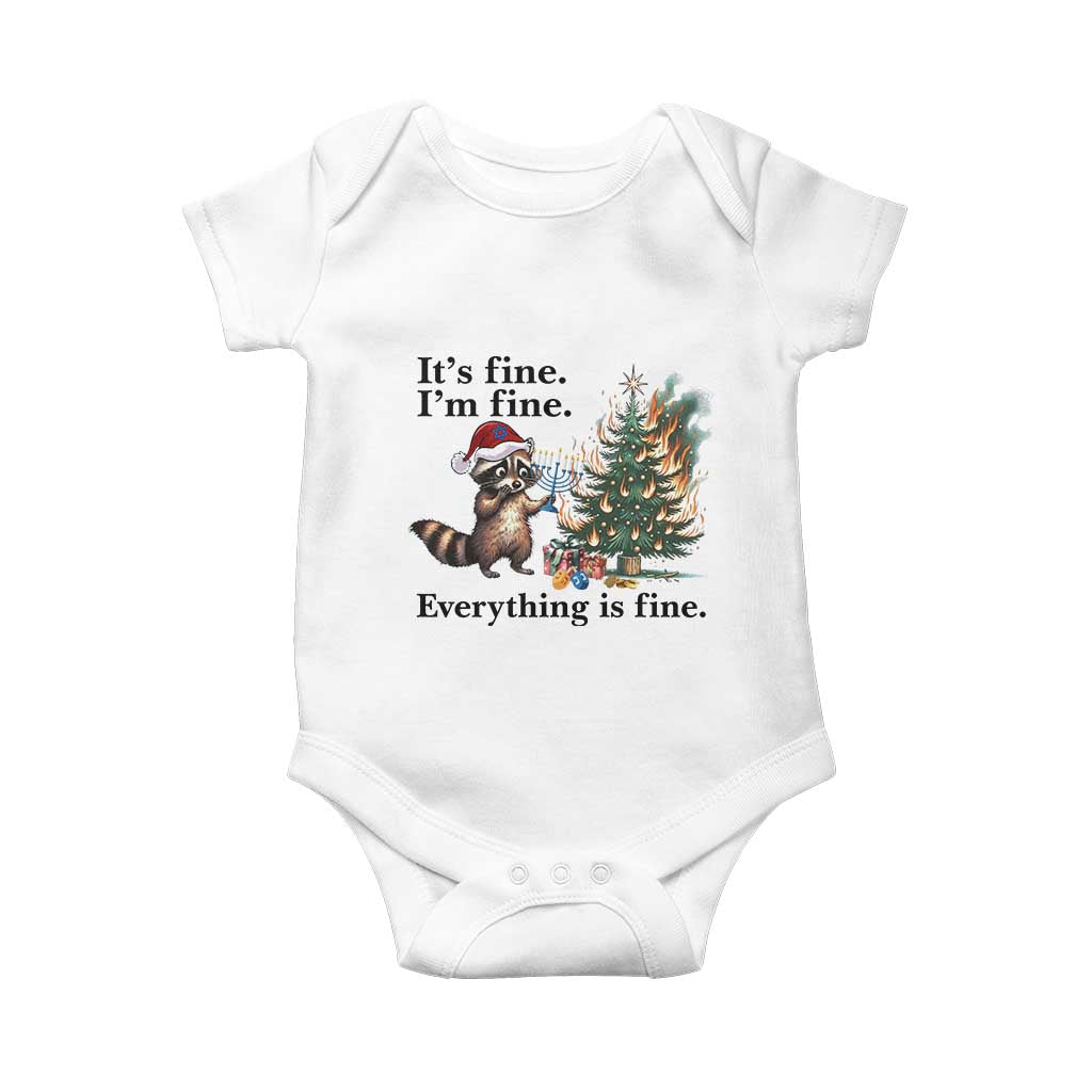 Christmas Hanukkah Racoon Baby Onesie Funny Its Fine I Am Fine Everything Is Fine TS11 White Print Your Wear
