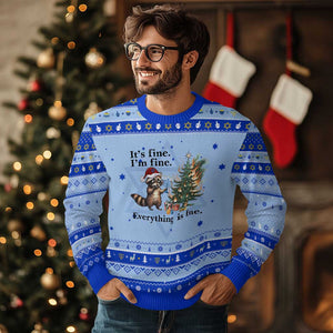Christmas Chanukah Racoon Hanukkah Ugly Sweater Funny Its Fine I Am Fine Everything Is Fine TS11 Light Blue Royal Blue Print Your Wear