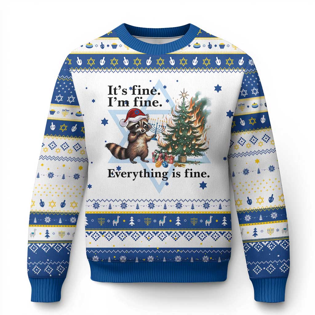 Christmas Chanukah Racoon Hanukkah Ugly Sweater Funny Its Fine I Am Fine Everything Is Fine TS11 White Royal Blue Print Your Wear
