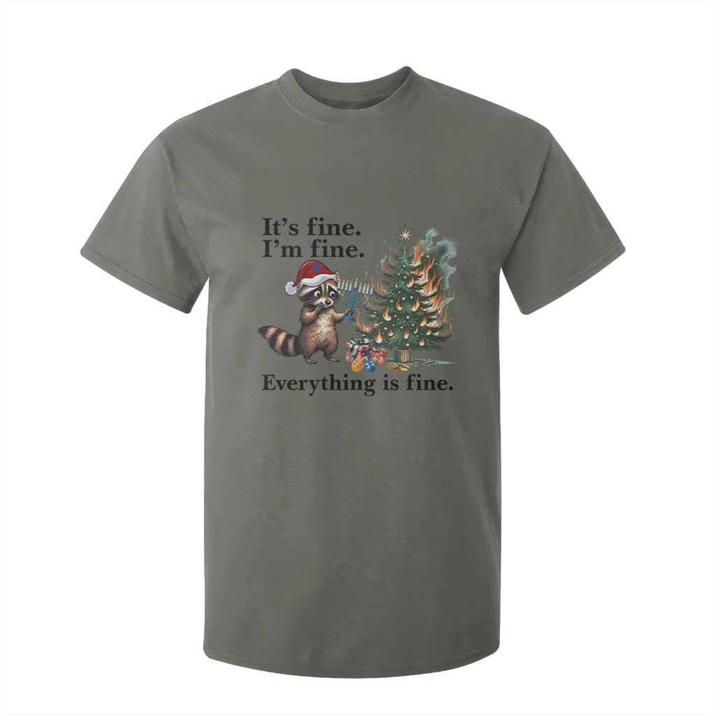 Christmas Hanukkah Racoon T Shirt For Kid Funny Its Fine I Am Fine Everything Is Fine TS11 Military Green Print Your Wear