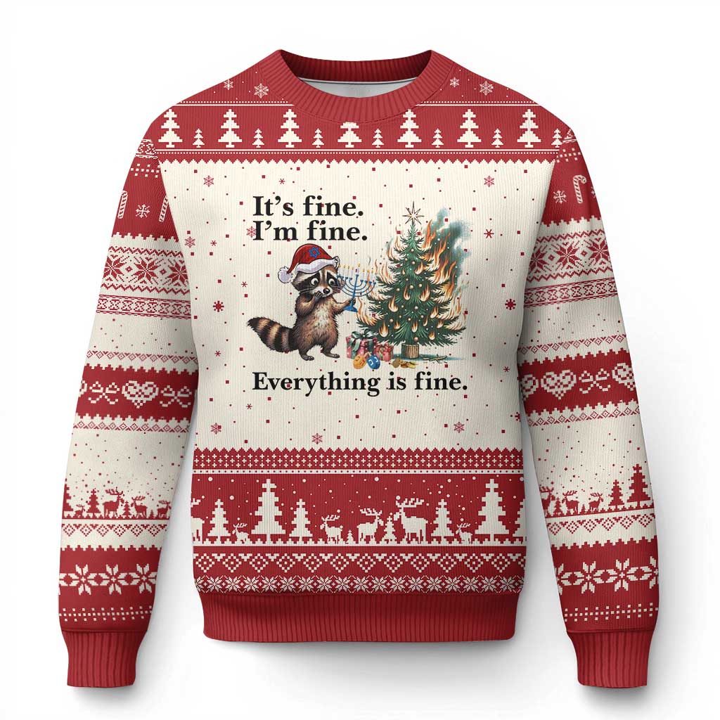 Xmas Hanukkah Racoon Ugly Christmas Sweater Funny Its Fine I Am Fine Everything Is Fine - Print Your Wear