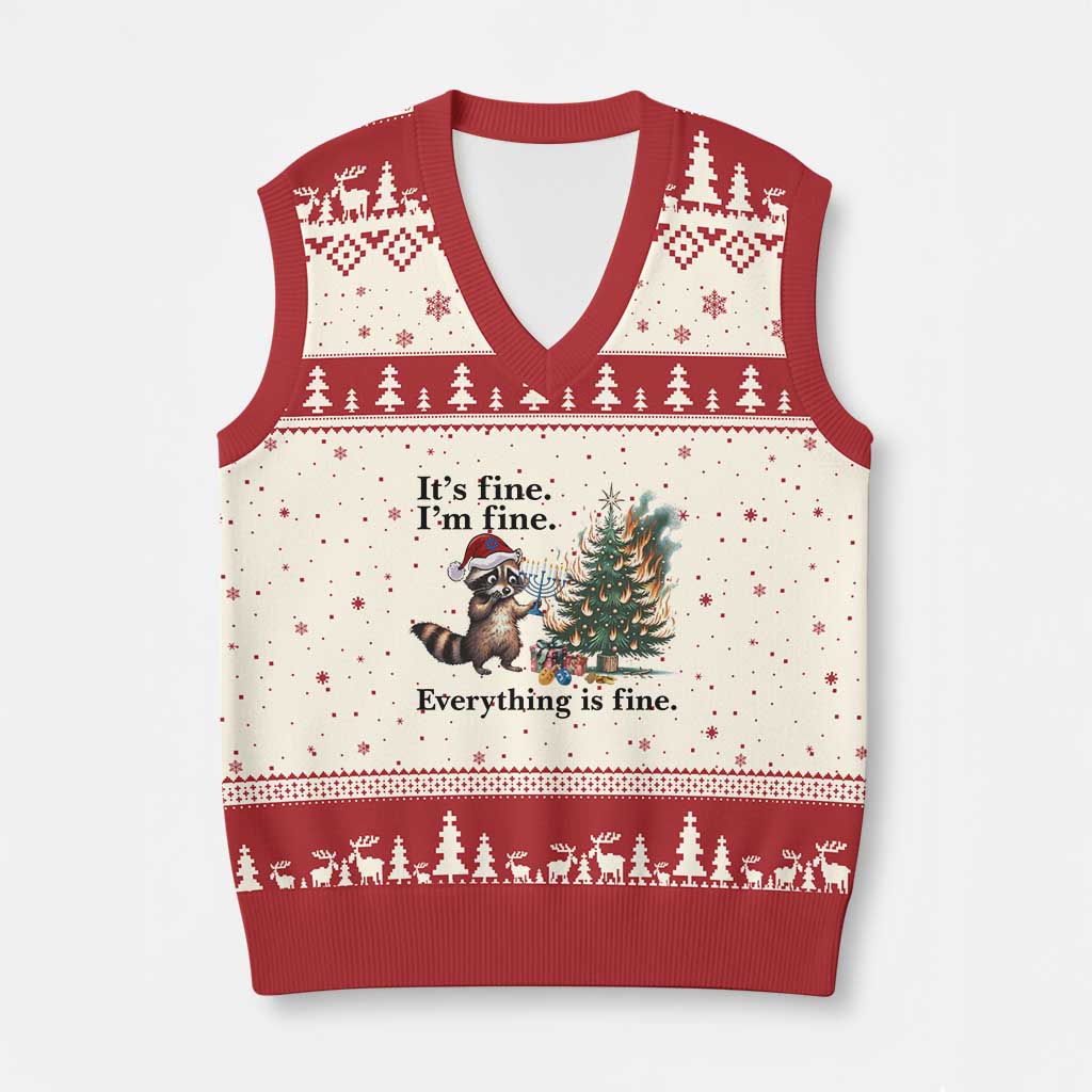 Xmas Hanukkah Racoon V-Neck Knit Sweater Vest Funny Its Fine I Am Fine Everything Is Fine TS11 Beige Red Print Your Wear