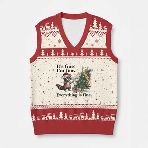 Xmas Hanukkah Racoon V-Neck Knit Sweater Vest Funny Its Fine I Am Fine Everything Is Fine TS11 Beige Red Print Your Wear