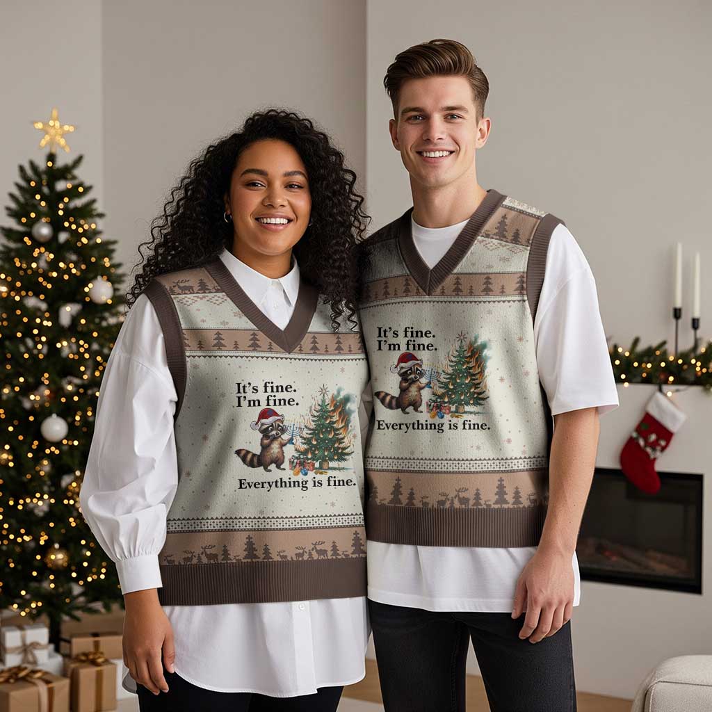 Xmas Hanukkah Racoon V-Neck Knit Sweater Vest Funny Its Fine I Am Fine Everything Is Fine TS11 Mocha Mousse Print Your Wear
