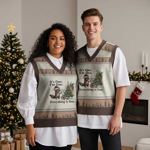 Xmas Hanukkah Racoon V-Neck Knit Sweater Vest Funny Its Fine I Am Fine Everything Is Fine TS11 Mocha Mousse Print Your Wear
