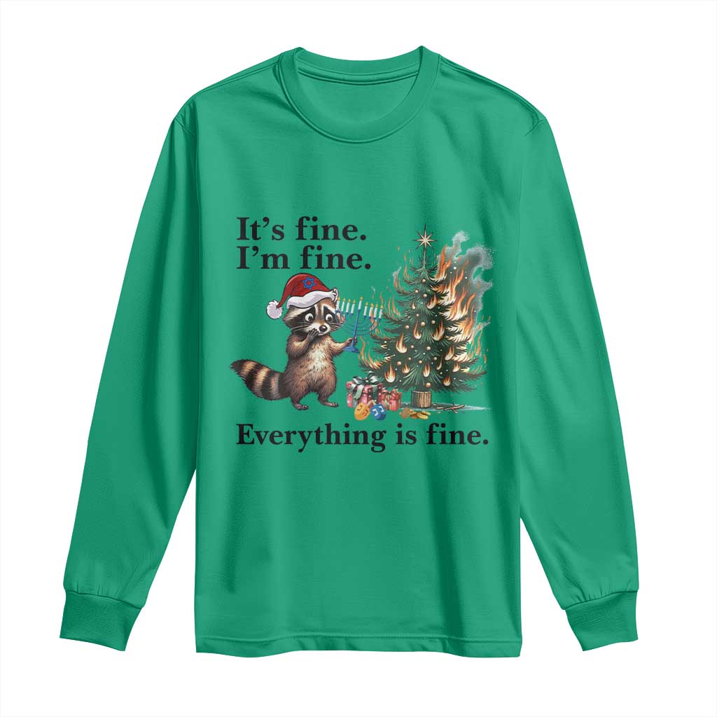 Christmas Hanukkah Racoon Long Sleeve Shirt Funny Its Fine I Am Fine Everything Is Fine TS11 Irish Green Print Your Wear