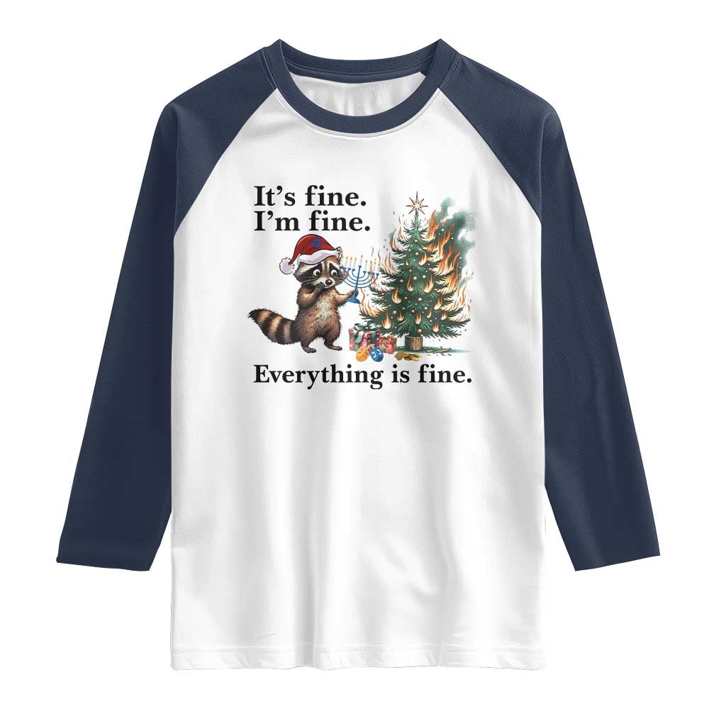 Christmas Hanukkah Racoon Raglan Shirt Funny Its Fine I Am Fine Everything Is Fine TS11 White Navy Print Your Wear