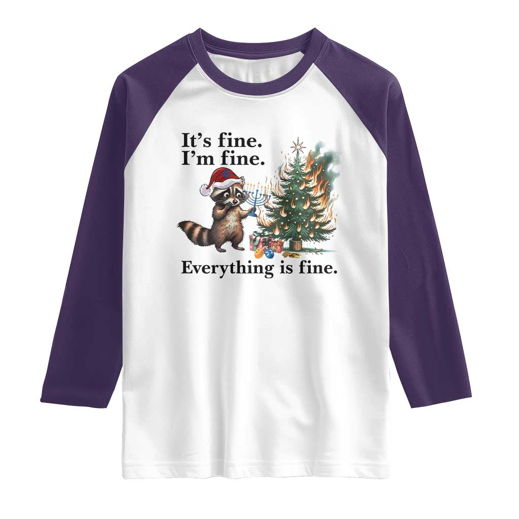 Christmas Hanukkah Racoon Raglan Shirt Funny Its Fine I Am Fine Everything Is Fine TS11 White Purple Print Your Wear
