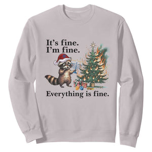 Christmas Hanukkah Racoon Sweatshirt Funny Its Fine I Am Fine Everything Is Fine TS11 Ice Gray Print Your Wear