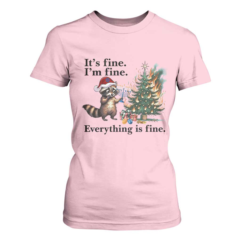 Christmas Hanukkah Racoon T Shirt For Women Funny Its Fine I Am Fine Everything Is Fine TS11 Light Pink Print Your Wear