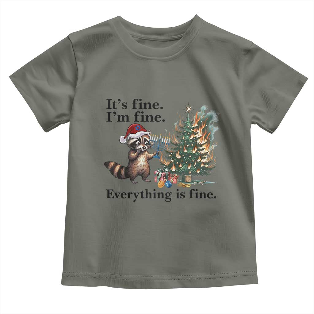 Christmas Hanukkah Racoon Toddler T Shirt Funny Its Fine I Am Fine Everything Is Fine TS11 Military Green Print Your Wear