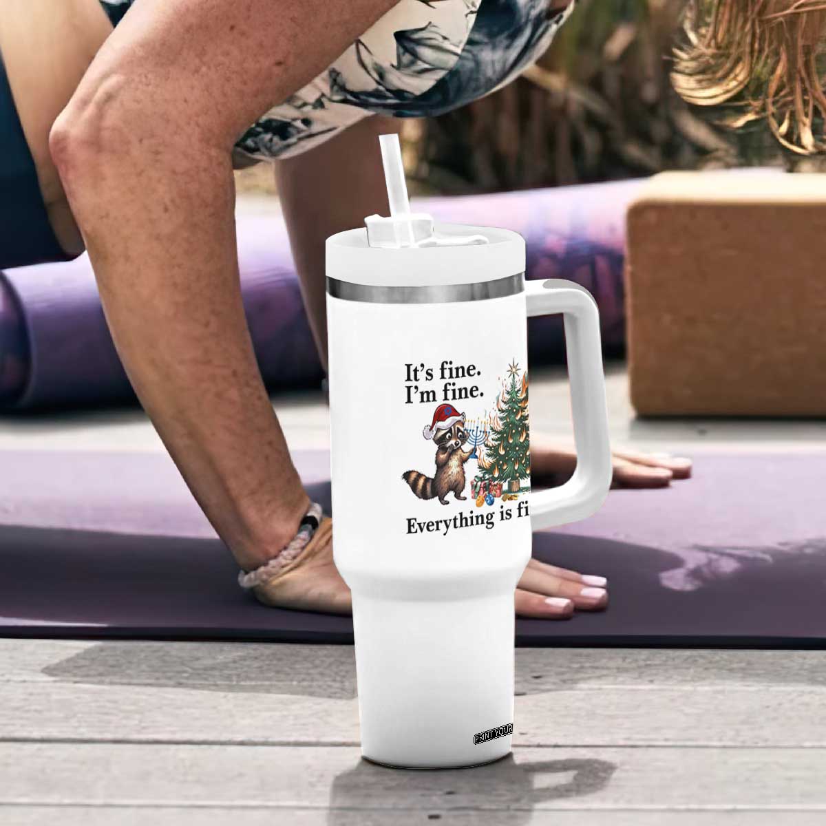 Christmas Hanukkah Racoon Tumbler With Handle Funny Its Fine I Am Fine Everything Is Fine TS11 Print Your Wear