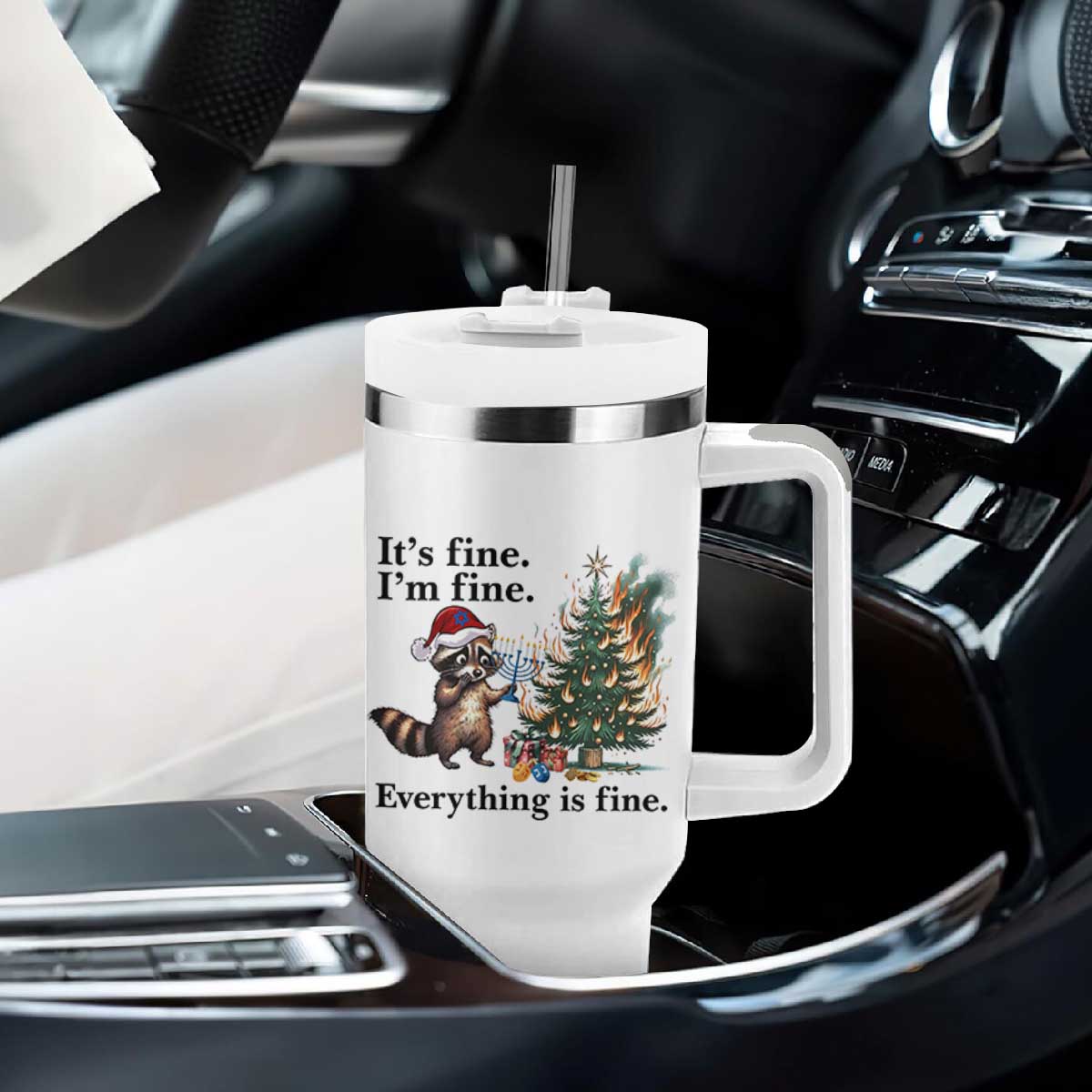 Christmas Hanukkah Racoon Tumbler With Handle Funny Its Fine I Am Fine Everything Is Fine TS11 Print Your Wear