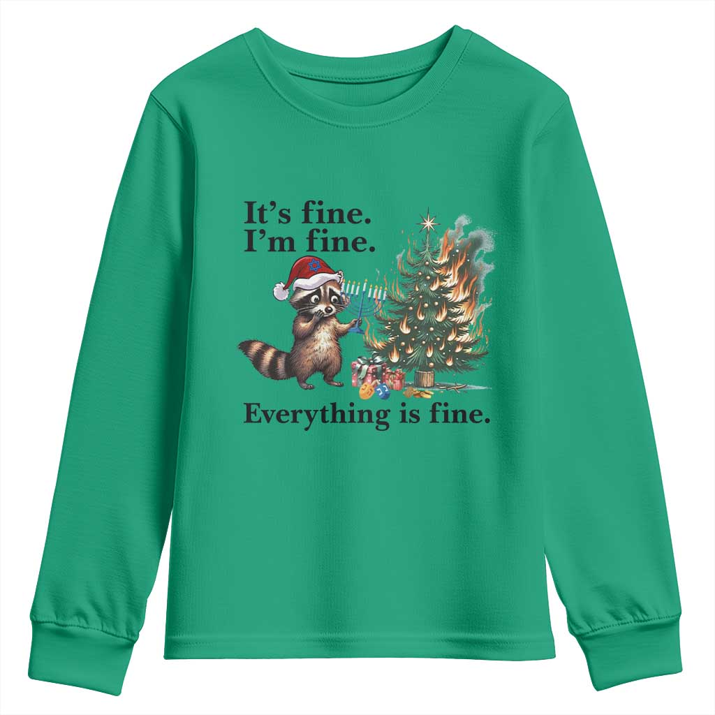 Christmas Hanukkah Racoon Youth Sweatshirt Funny Its Fine I Am Fine Everything Is Fine TS11 Irish Green Print Your Wear