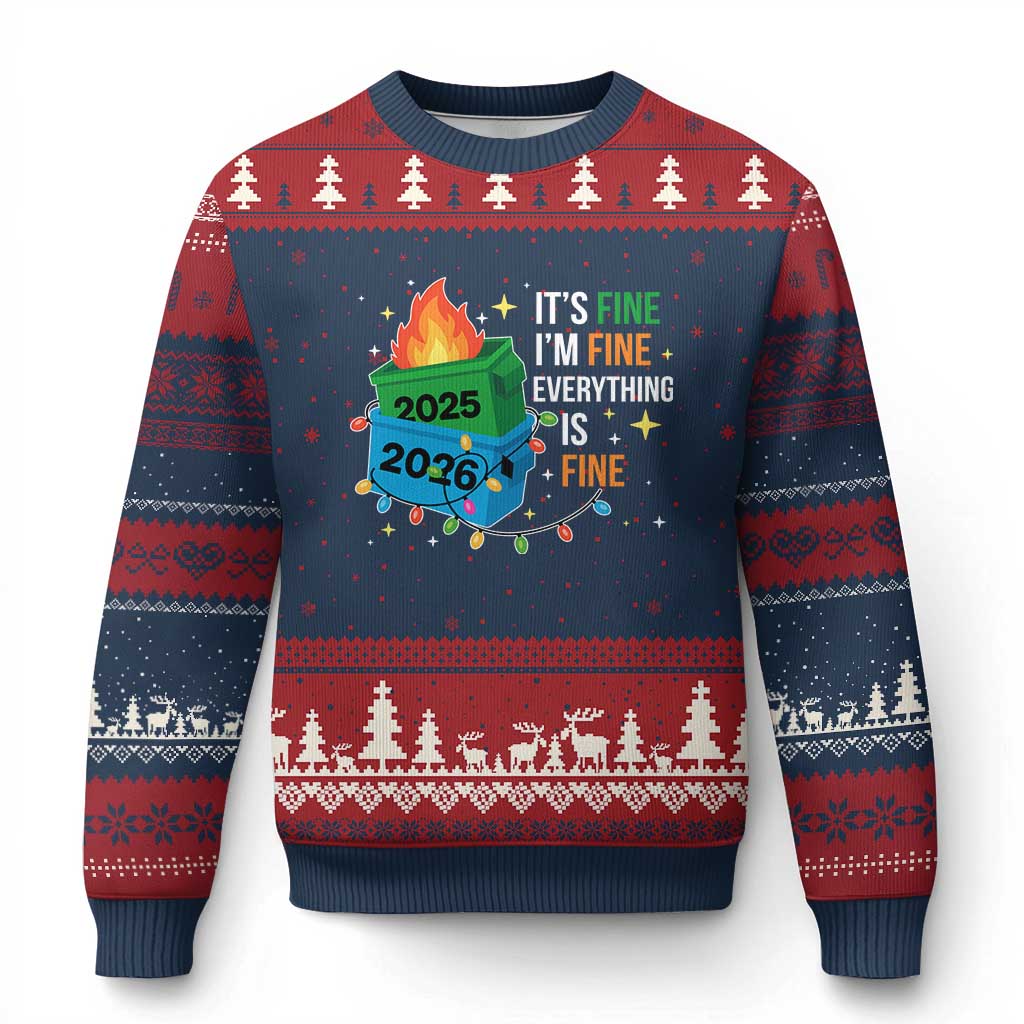 Dumpster Fire Xmas Ugly Christmas Sweater Funny It's Fine I'm Fine Everything Is Fine TS11 Navy Red Print Your Wear