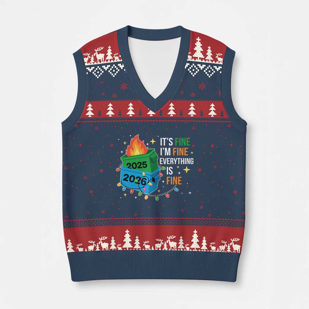 Dumpster Fire Xmas V-Neck Knit Sweater Vest Funny It's Fine I'm Fine Everything Is Fine TS11 Navy Red Print Your Wear