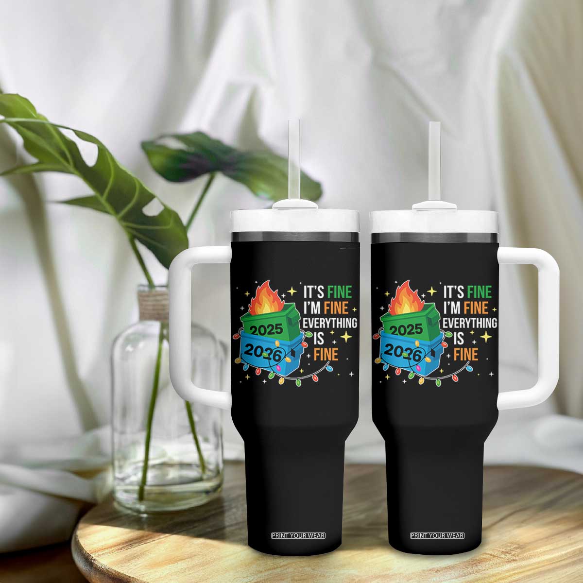 Dumpster Fire Christmas Tumbler With Handle Funny It's Fine I'm Fine Everything Is Fine TS11 Print Your Wear