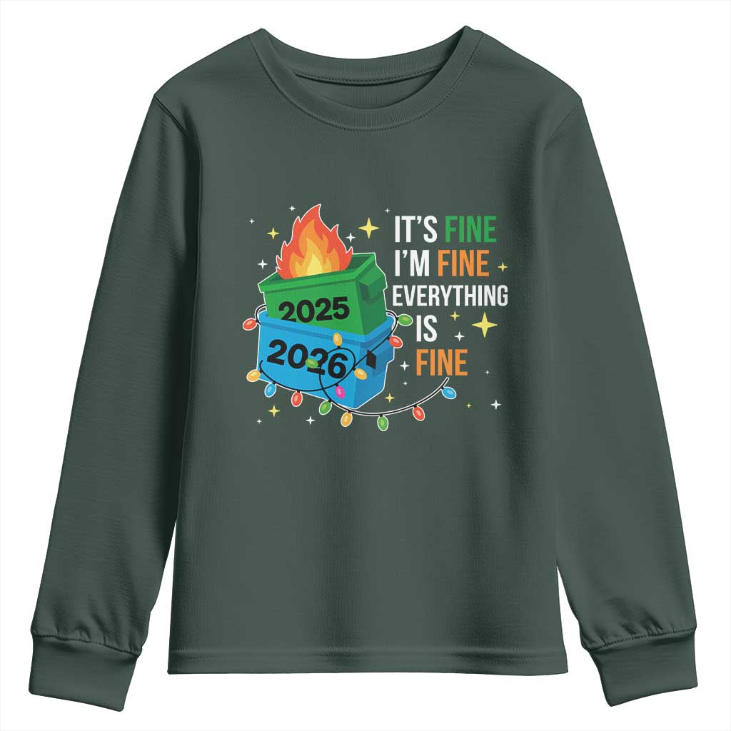 Dumpster Fire Christmas Youth Sweatshirt Funny It's Fine I'm Fine Everything Is Fine TS11 Dark Forest Green Print Your Wear