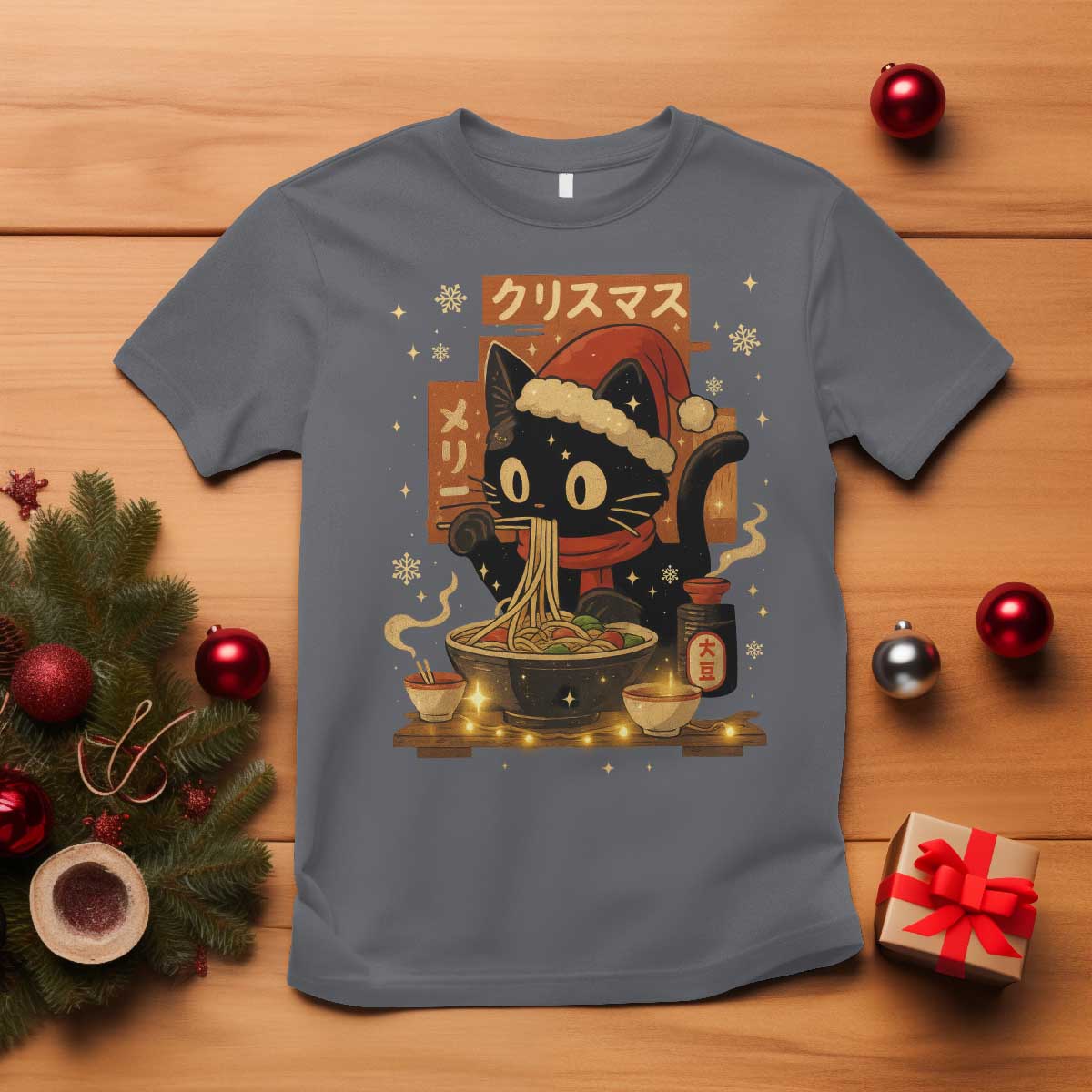 Funny Christmas Cat Ramen T Shirt Xmas Japanese Kawaii Anime Cat TS11 Charcoal Print Your Wear