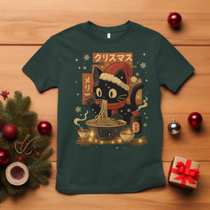 Funny Christmas Cat Ramen T Shirt Xmas Japanese Kawaii Anime Cat TS11 Dark Forest Green Print Your Wear