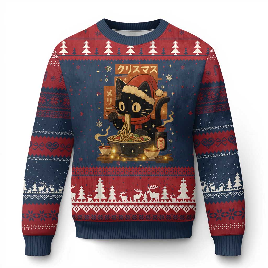 Funny Xmas Cat Ramen Ugly Christmas Sweater Xmas Japanese Kawaii Anime Cat TS11 Navy Red Print Your Wear