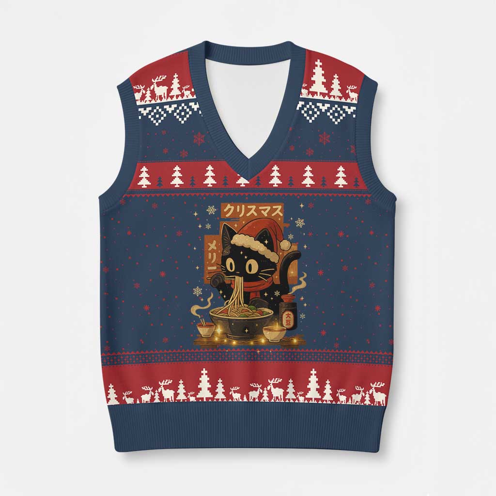 Funny Xmas Cat Ramen V-Neck Knit Sweater Vest Xmas Japanese Kawaii Anime Cat TS11 Navy Red Print Your Wear