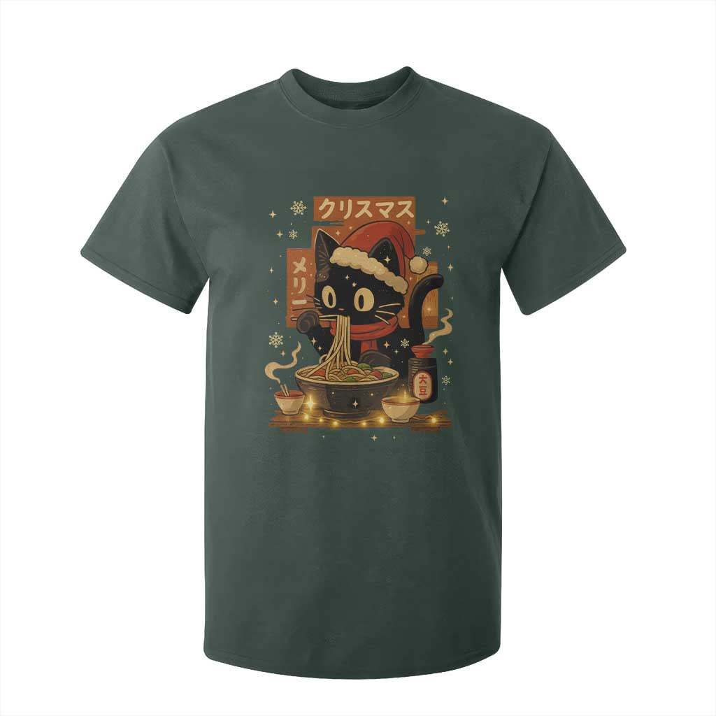 Funny Christmas Cat Ramen T Shirt For Kid Xmas Japanese Kawaii Anime Cat TS11 Dark Forest Green Print Your Wear